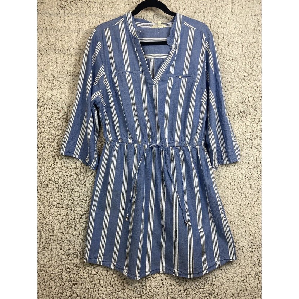 Hint of Blush blue & white striped dress elastic waist collared roll tap SZ 1XL